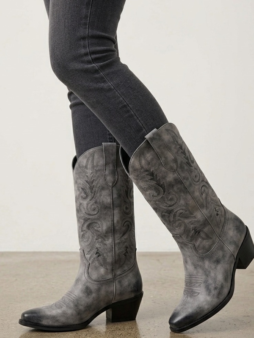Smokey Grey Embroidered Cowgirl Western Tall Stampede Cowboy Heeled Boots Size 8